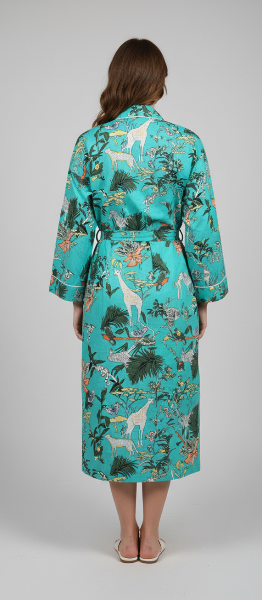 Women’s Teal Jungle Print Cotton Robe | Front Tie Waist | 3/4th Sleeves