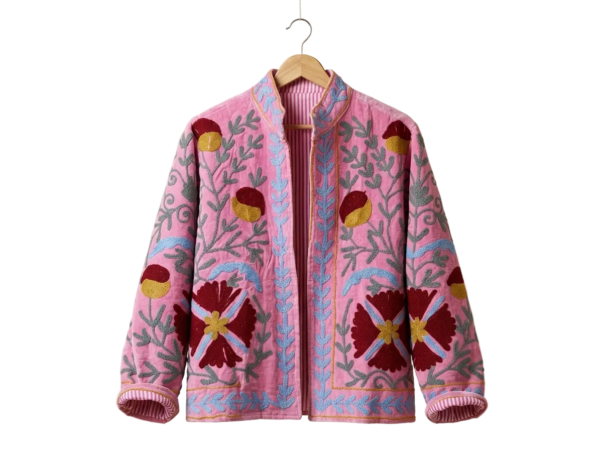 Women's Pink Bloom Suzani Reversible Velvet Jacket – Artistic Embroidered Statement Jacket