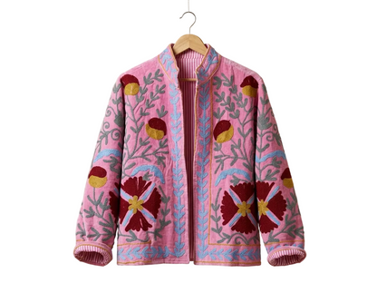 Women's Pink Bloom Suzani Reversible Velvet Jacket – Artistic Embroidered Statement Jacket