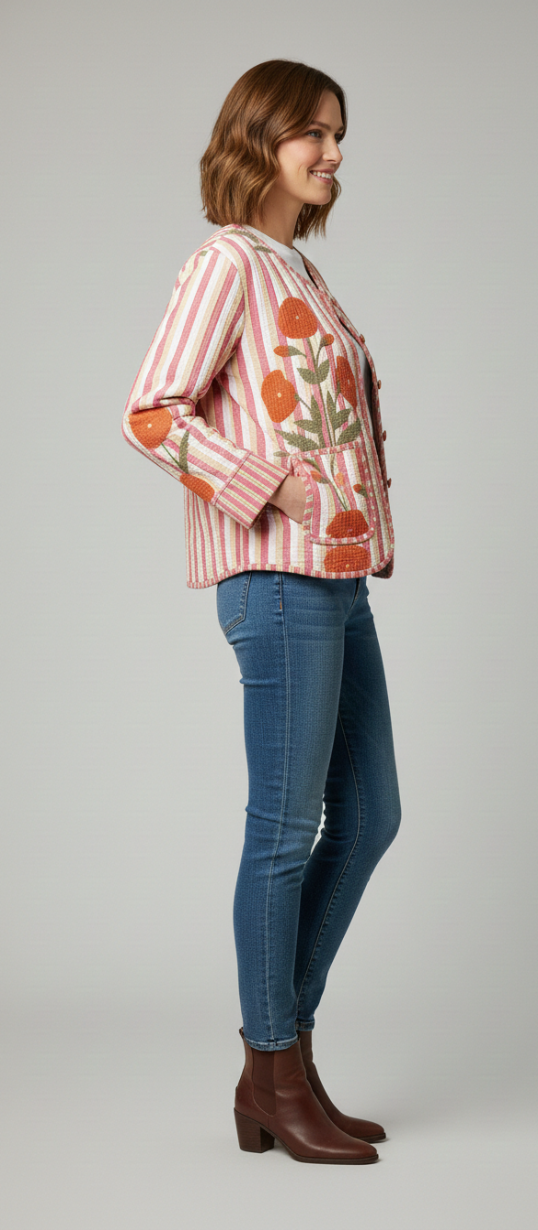 Women’s Pink Stripe Floral Print Cotton Jacket | Button Front | Long Sleeves