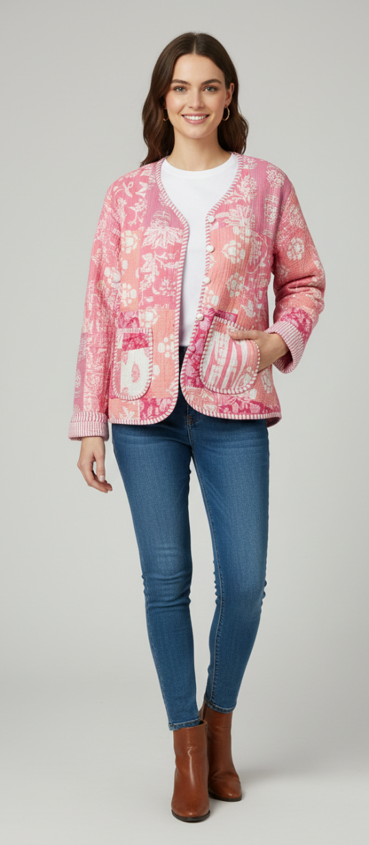 Women’s Pink Floral Patchwork Cotton Jacket | Button Front | Long Sleeves