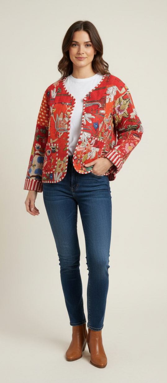 Women’s Red Patchwork Print Cotton Jacket | Open Front | Long Sleeves