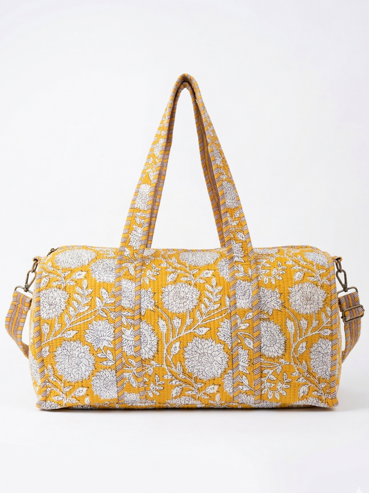 Yellow Bloom Quilted Cotton Duffle Bag – Lightweight Travel Weekender