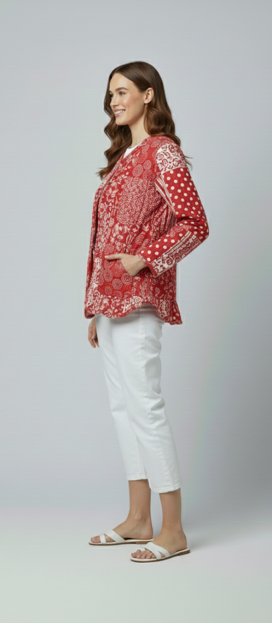 Women’s Red Patchwork Print Cotton Jacket | Open Front | Long Sleeves