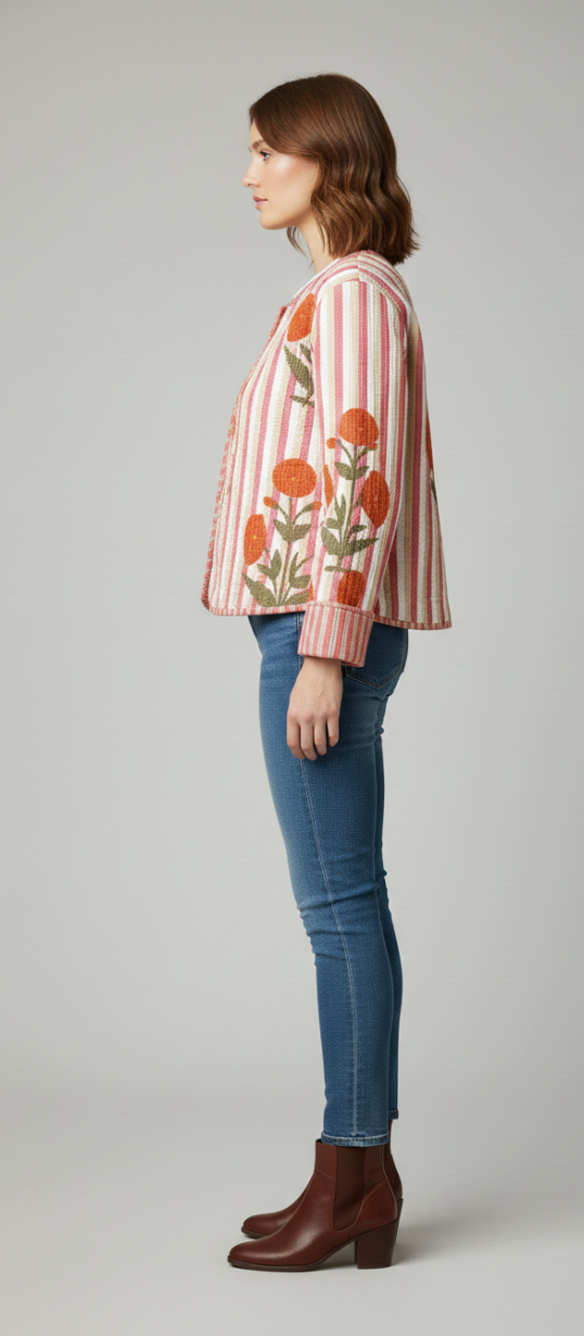 Women’s Pink Stripe Floral Print Cotton Jacket | Button Front | Long Sleeves