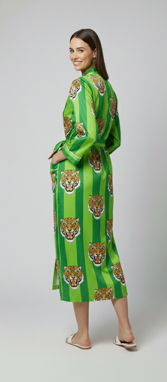 Women’s Green Tiger Print Cotton Robe | Front Tie Waist | 3/4th Sleeves