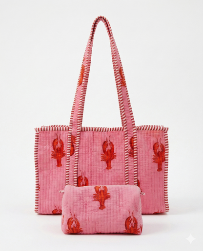 Lobster Love – Pink Quilted Tote & Pouch Set