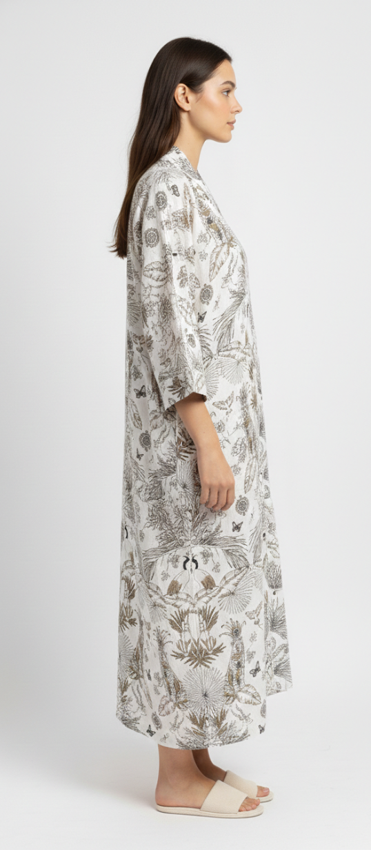 Women’s Ivory Botanical Print Cotton Robe | V-Neck | 3/4th Sleeves