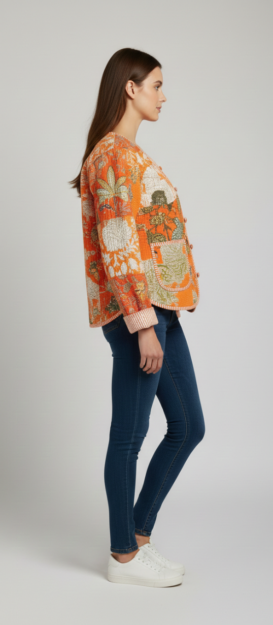 Women’s Orange Floral Patchwork Quilted Cotton Jacket | Front Button Casual Jacket