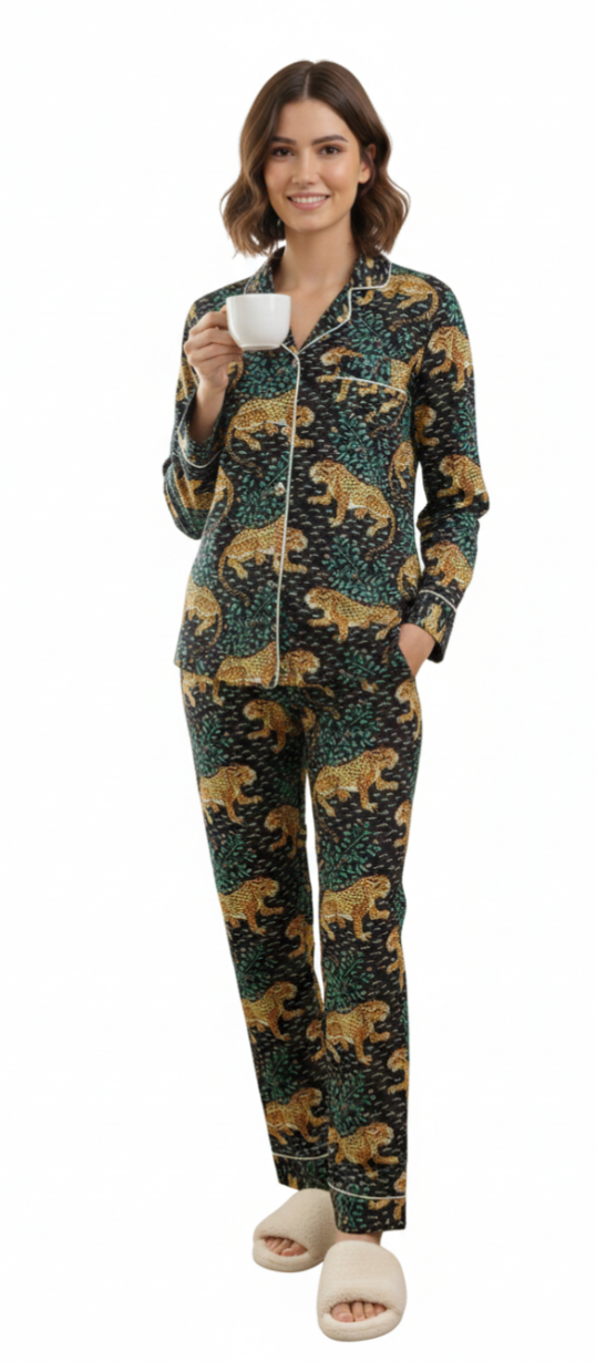 Women’s Printed Nightwear Pajama Set – Soft Button-Down Shirt & Relaxed Fit Pants