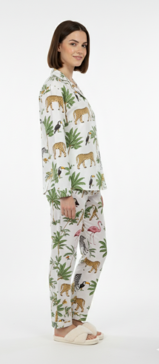 White Safari Print Cotton Pajama Set for Women – Button-Down Nightwear & Loungewear