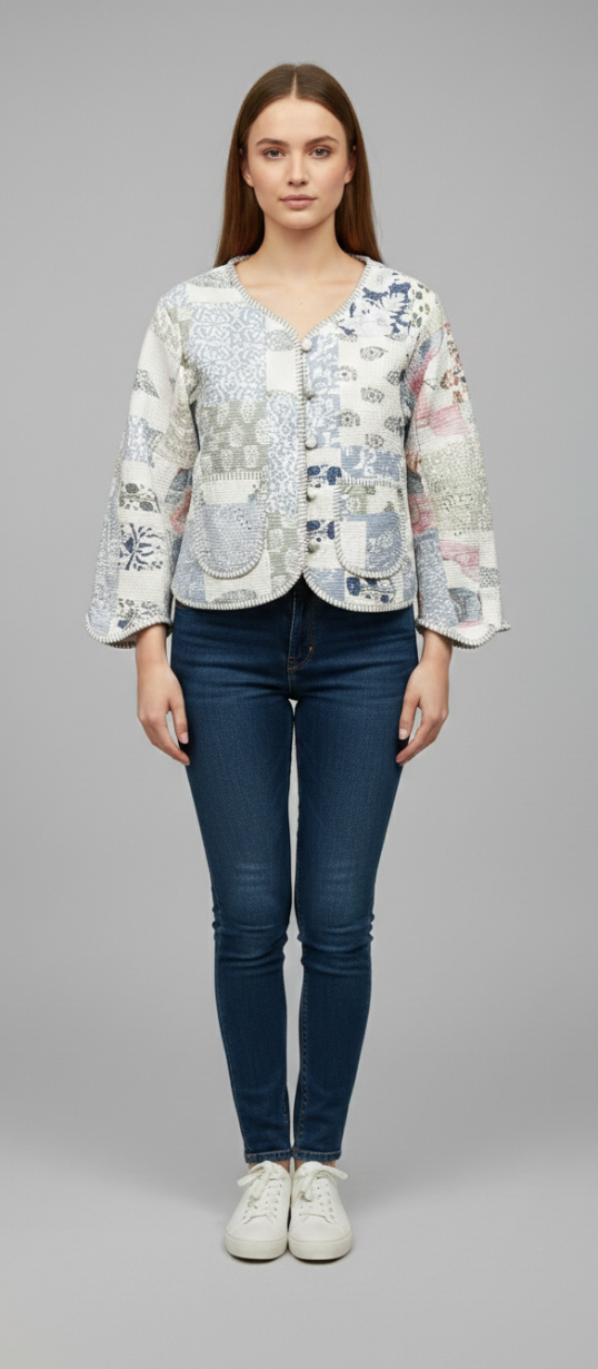 Women’s Pastel Patchwork Quilted Cotton Jacket | Front Button | Light Casual Jacket