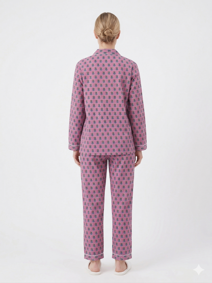 Women's Rosy Pink Bloom Cotton Night Suit Set – Elegant Two Piece Pajama Set