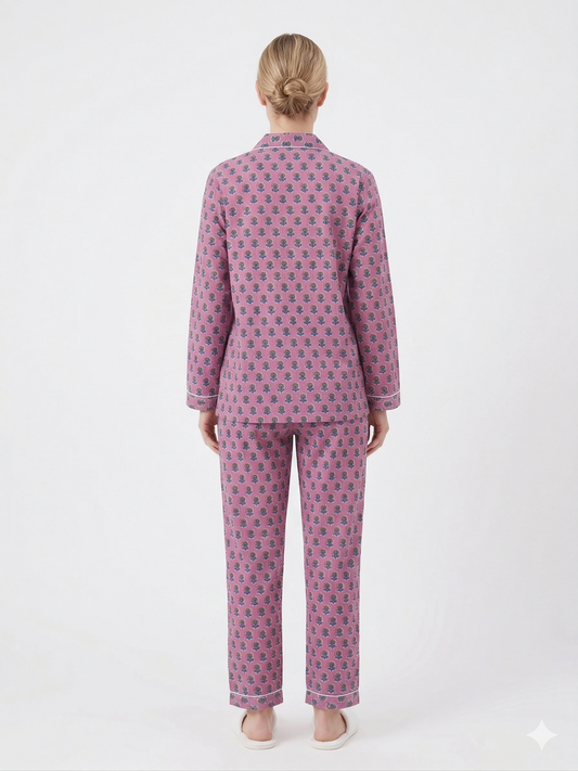 Women's Rosy Pink Bloom Cotton Night Suit Set – Elegant Two Piece Pajama Set