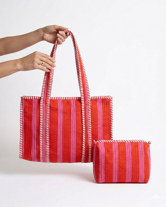 Orange pink stripes – Quilted Tote & Pouch Set