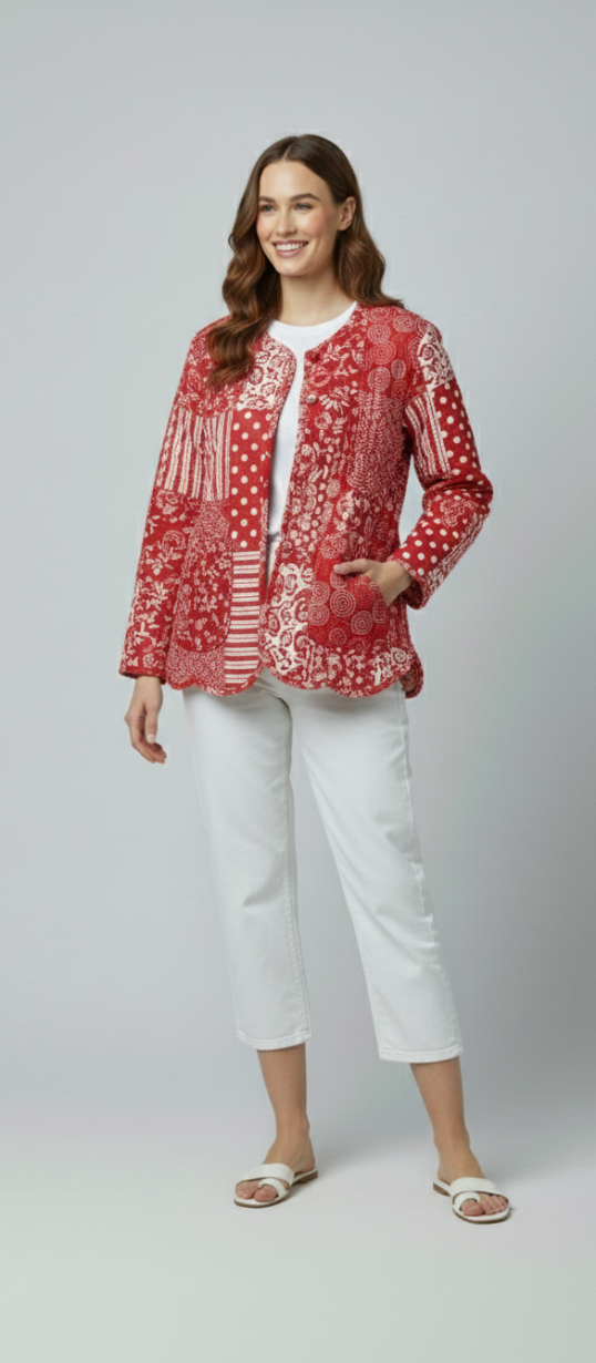 Women’s Red Patchwork Print Cotton Jacket | Open Front | Long Sleeves