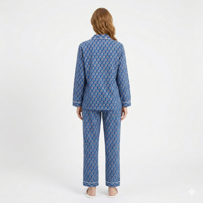 Women's Azure Blue Bloom Cotton Night Suit Set – Elegant Two Piece Pajama Set