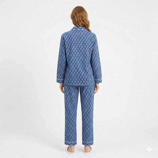 Women's Azure Blue Bloom Cotton Night Suit Set – Elegant Two Piece Pajama Set