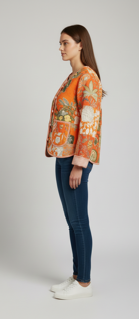 Women’s Orange Floral Patchwork Quilted Cotton Jacket | Front Button Casual Jacket
