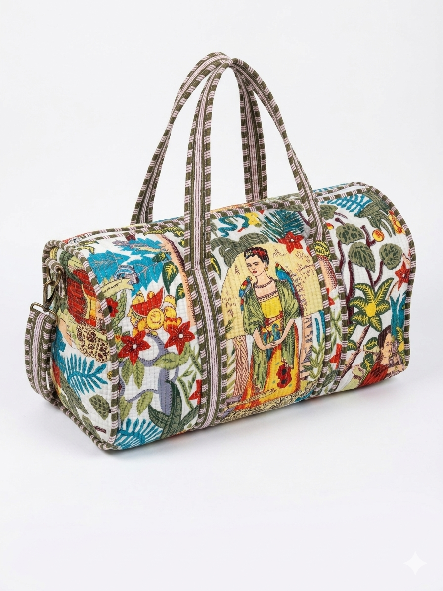 White Farida Print Quilted Cotton Duffle Bag – Lightweight Travel Weekender