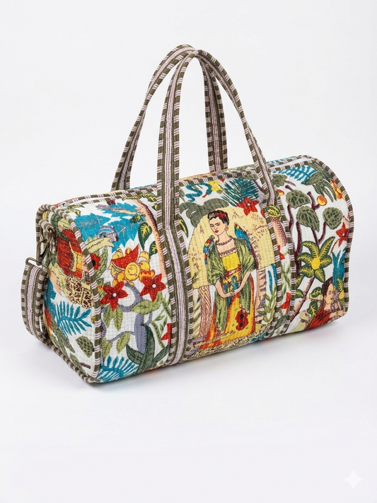 White Farida Print Quilted Cotton Duffle Bag – Lightweight Travel Weekender