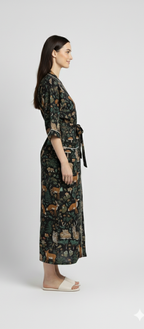 Women’s Forest Print Cotton Robe | Front Tie Waist | 3/4th Sleeves