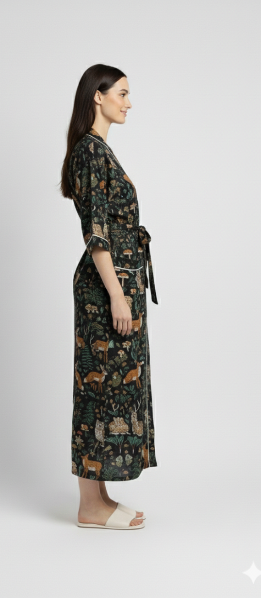 Women’s Forest Print Cotton Robe | Front Tie Waist | 3/4th Sleeves