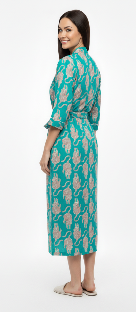 Women’s Teal Elephant Print Cotton Robe | Front Tie Waist | 3/4th Sleeves