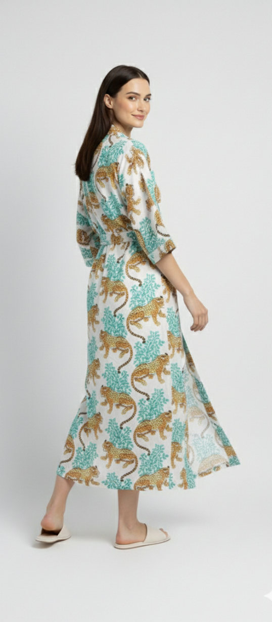 Women’s White Leopard Print Cotton Robe | Front Tie Waist | 3/4th Sleeves