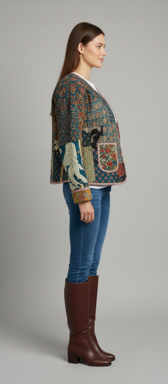 Women’s Teal Patchwork Print Cotton Jacket | Open Front | Long Sleeves