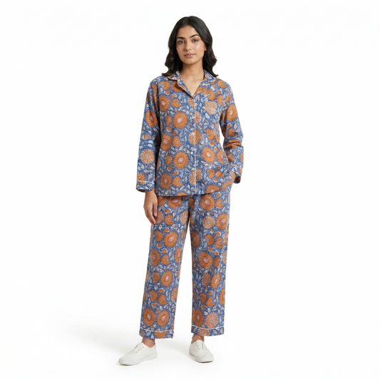 Women's Blue Orange Floral Print Cotton Night Suit Set – Elegant Two Piece Pajama Set