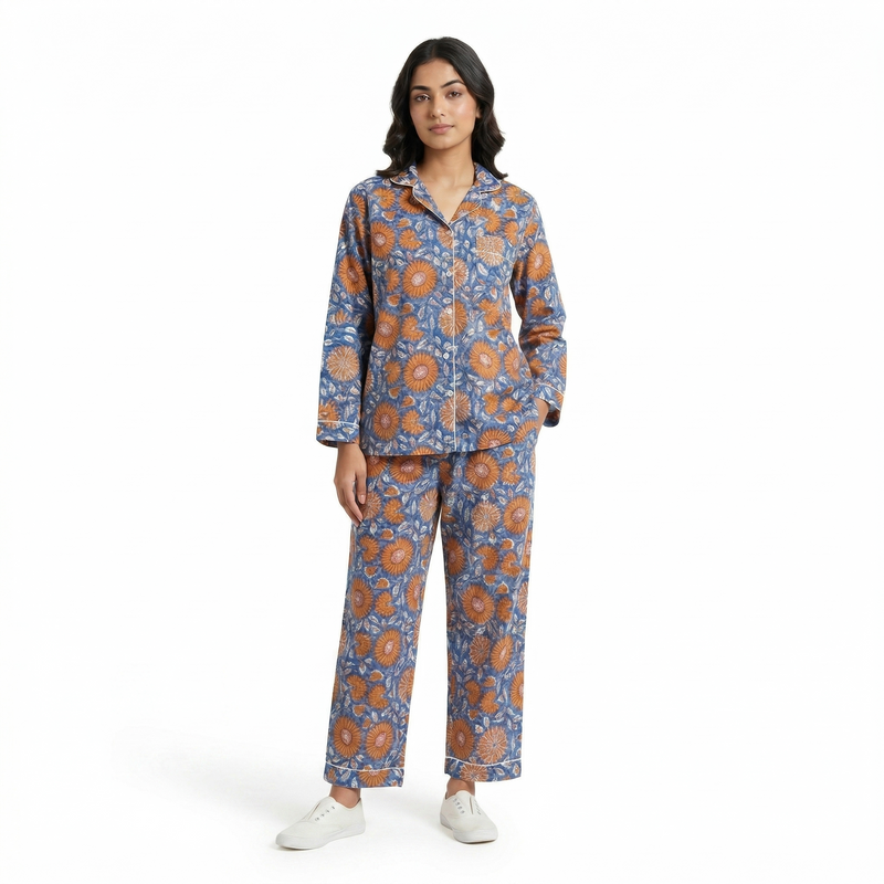 Blue Orange Floral Print Cotton Night Suit Set by House of Arya