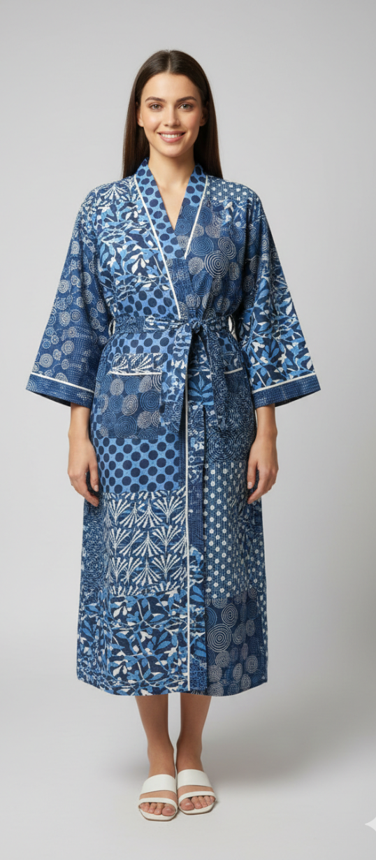 Women’s Blue Patchwork Print Cotton Robe | Front Tie Waist | 3/4th Sleeves