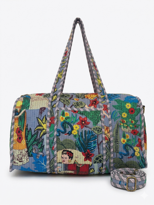 Grey Farida Quilted Cotton Duffle Bag – Lightweight Travel Weekender