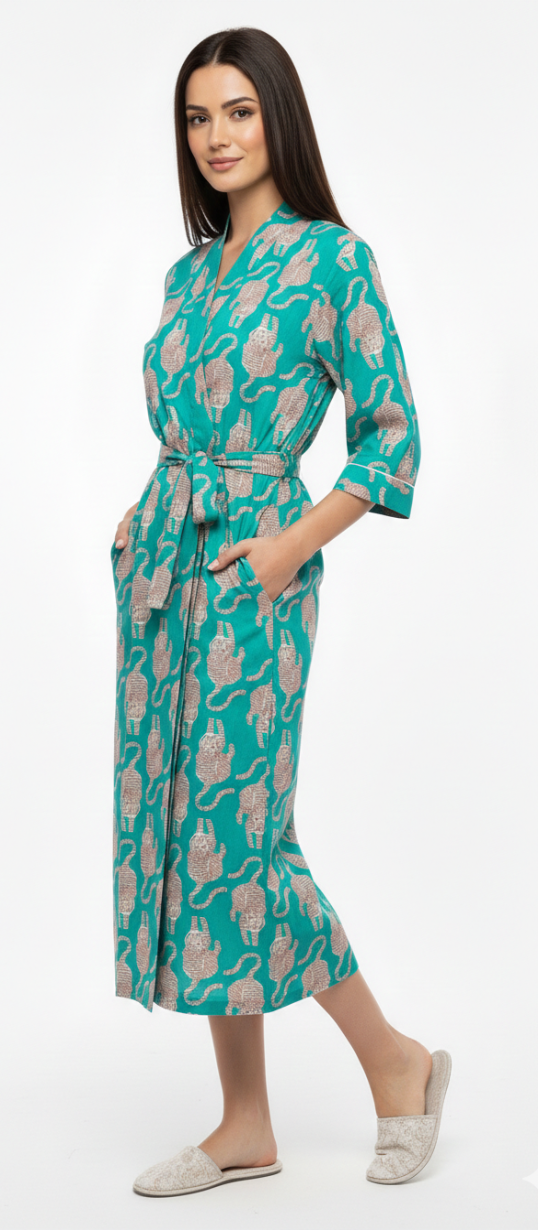 Women’s Teal Elephant Print Cotton Robe | Front Tie Waist | 3/4th Sleeves