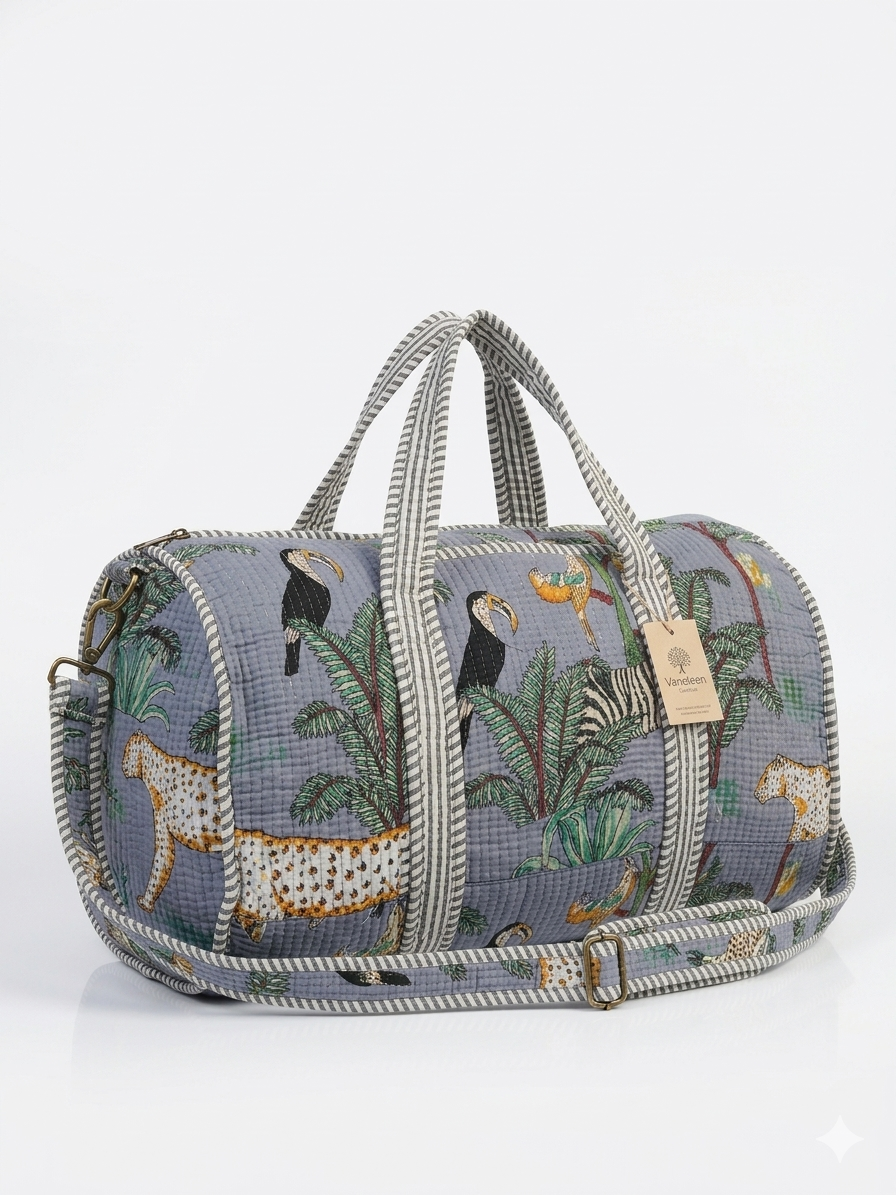 Grey Safari Print Quilted Cotton Duffle Bag – Lightweight Travel Weekender