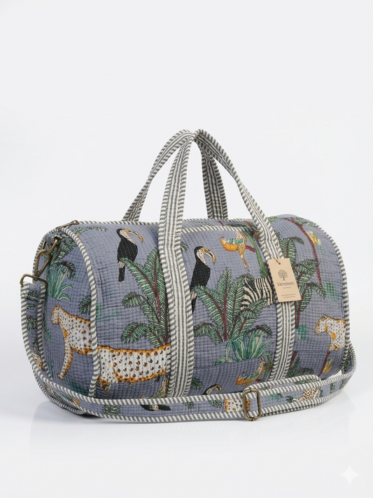 Grey Safari Print Quilted Cotton Duffle Bag – Lightweight Travel Weekender