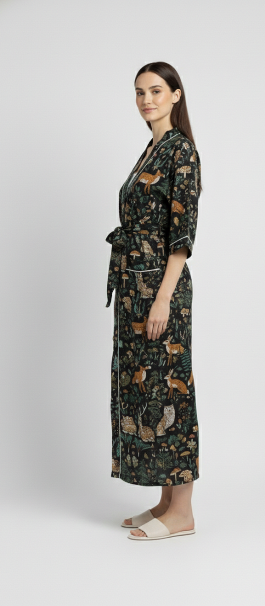 Women’s Forest Print Cotton Robe | Front Tie Waist | 3/4th Sleeves