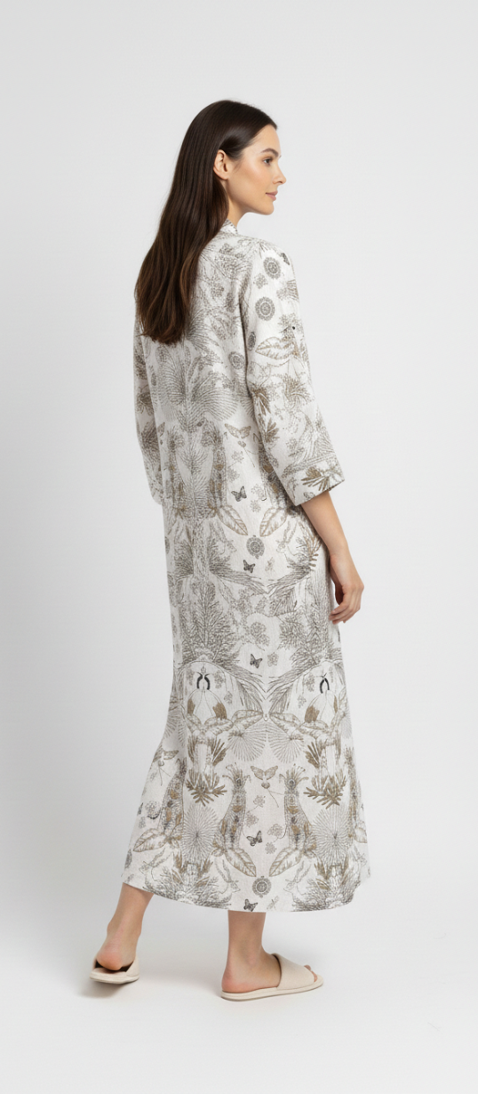Women’s Ivory Botanical Print Cotton Robe | V-Neck | 3/4th Sleeves