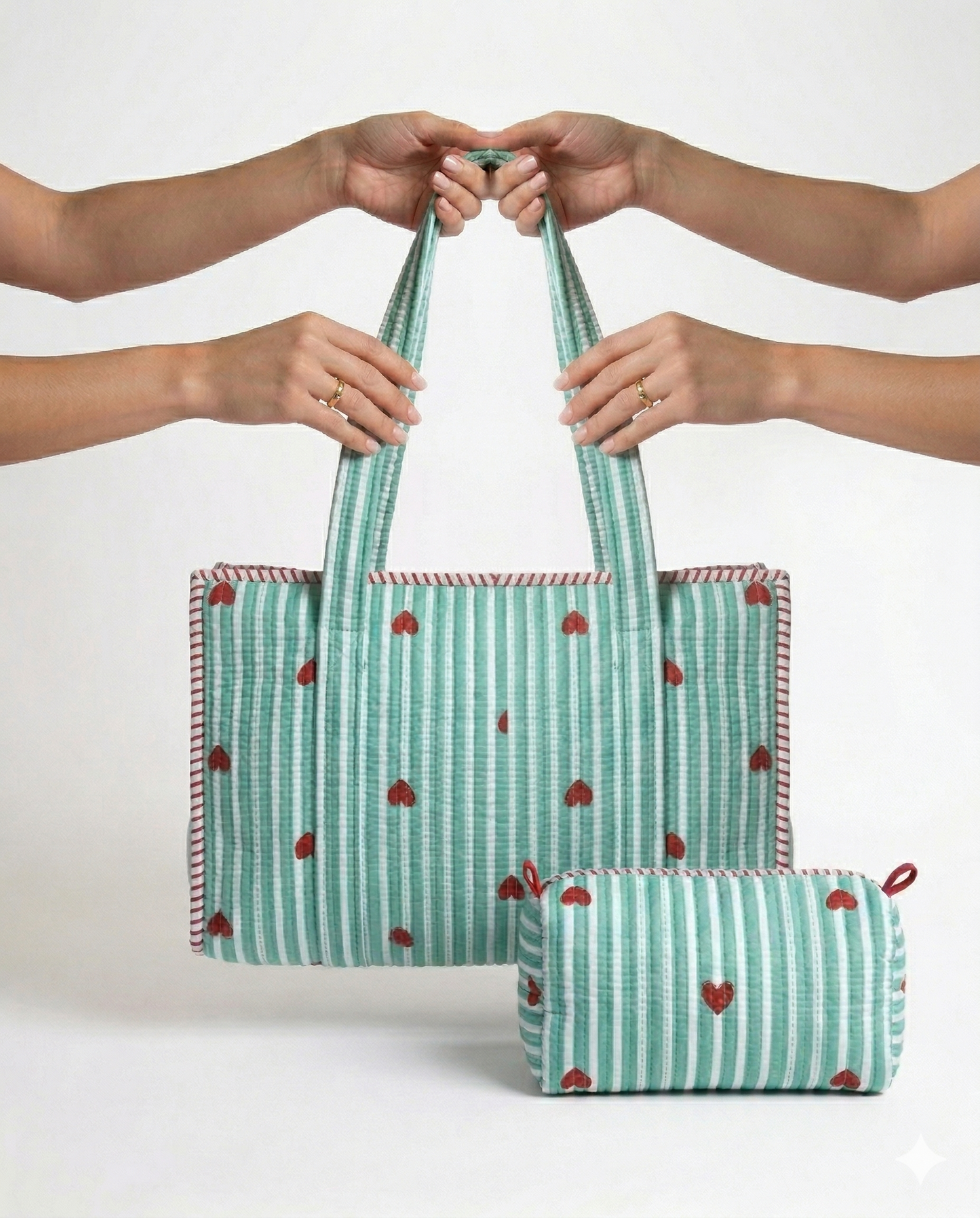 Heart Riot – Mint Green Quilted Tote & Pouch Set
