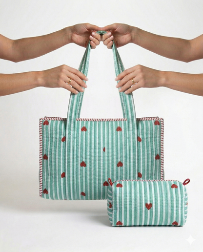 Heart Riot – Mint Green Quilted Tote & Pouch Set