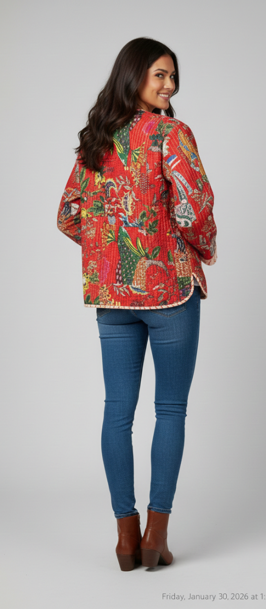 Women’s Red Patchwork Print Cotton Jacket | Front Open | Casual Handmade Style Jacket