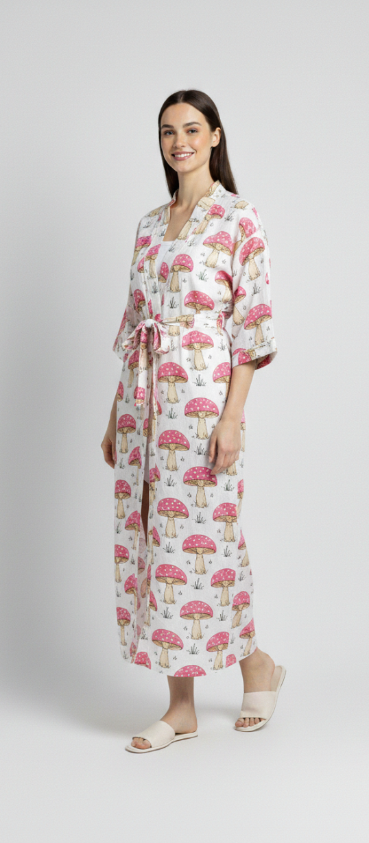 Women’s White Mushroom Print Cotton Robe | Front Tie Waist | 3/4th Sleeves