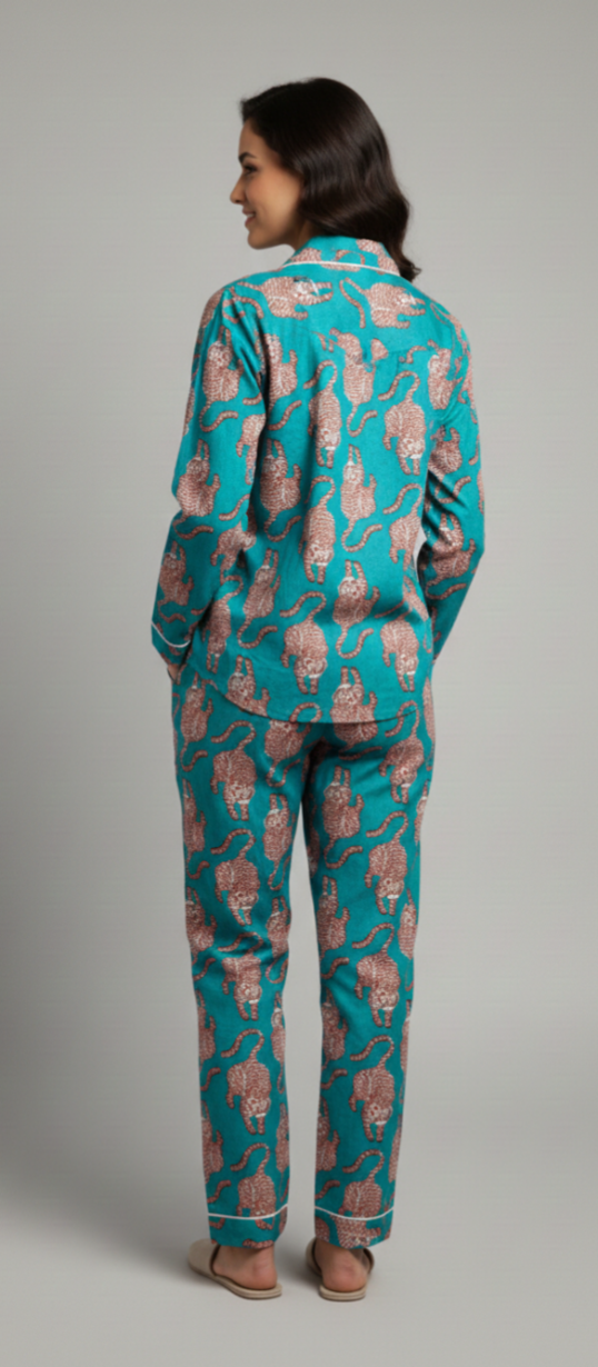 Teal Leopard Print Cotton Nightwear Set for Women