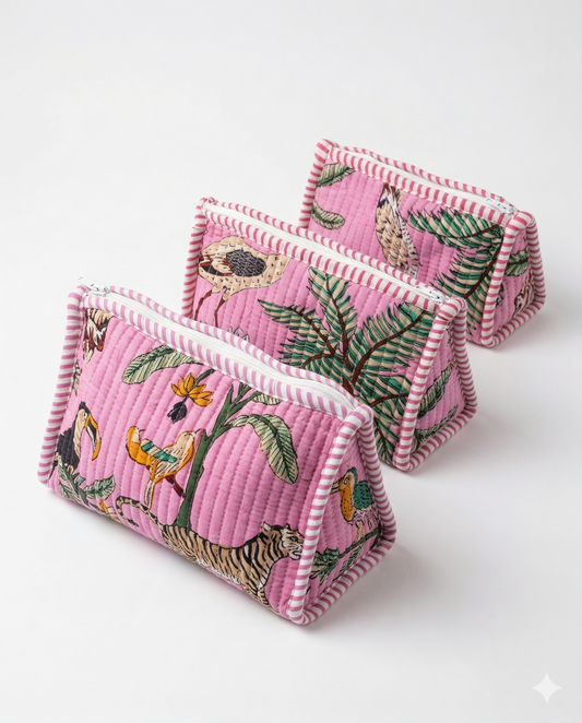 Pink Safari Quilted Utility Pouch Set of 3