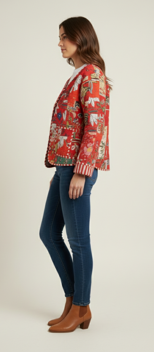Women’s Red Patchwork Print Cotton Jacket | Open Front | Long Sleeves