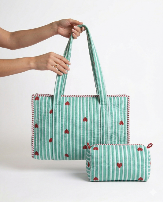 Heart Riot – Mint Green Quilted Tote & Pouch Set