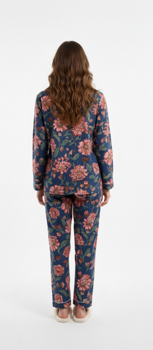 Blue Floral Print Cotton Pajama Set for Women – Button-Down Nightwear & Loungewear