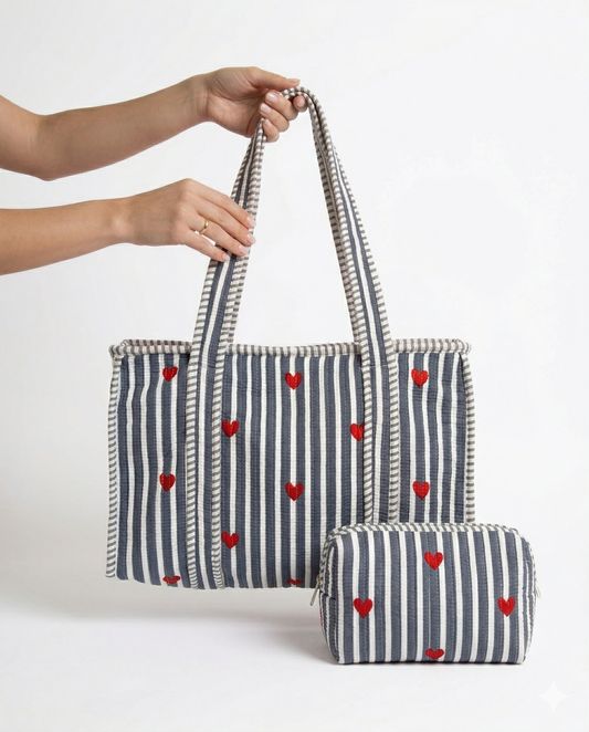 ￼ Grey heart  – Quilted Tote & Pouch Set