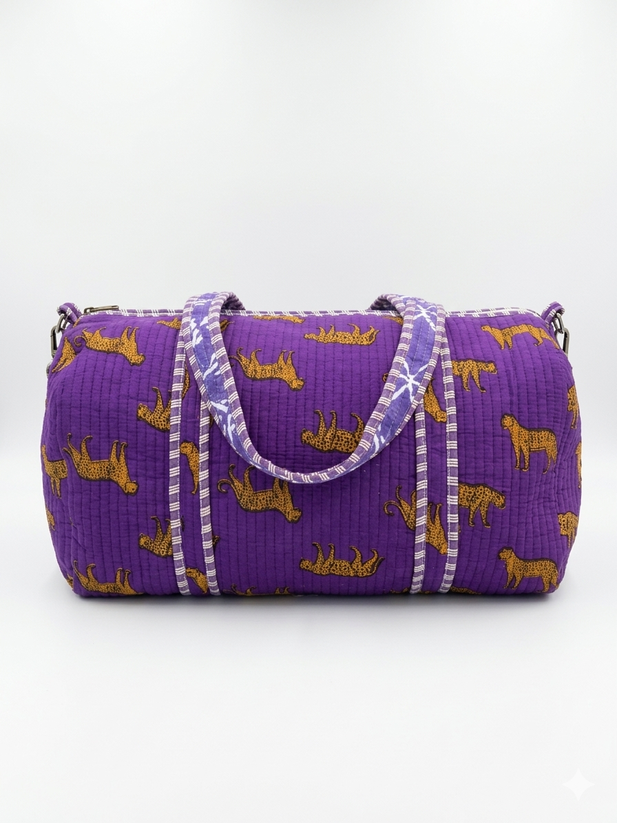 Purple Tiger Print Quilted Cotton Duffle Bag – Lightweight Travel Weekender